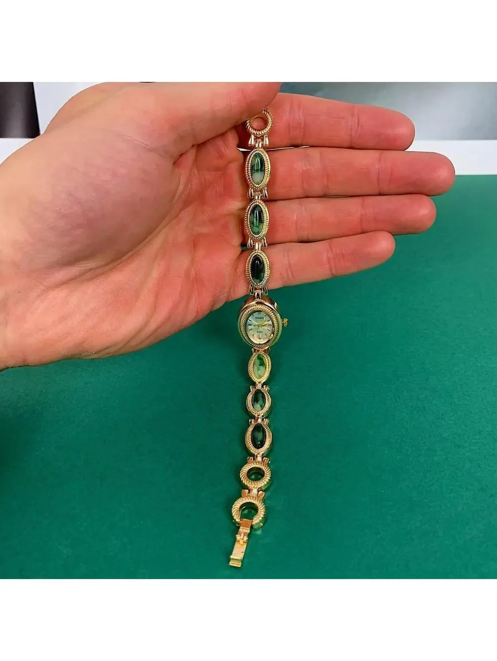 Y2K Gold Green Dainty Quartz Opal Jade Watch 8 Inch Unisex